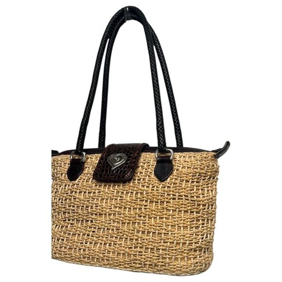 VTG Brighton Purse Brown Leather Straw Woven Double Handle Heart Boho 90s Y2K - Picture 12 of 16